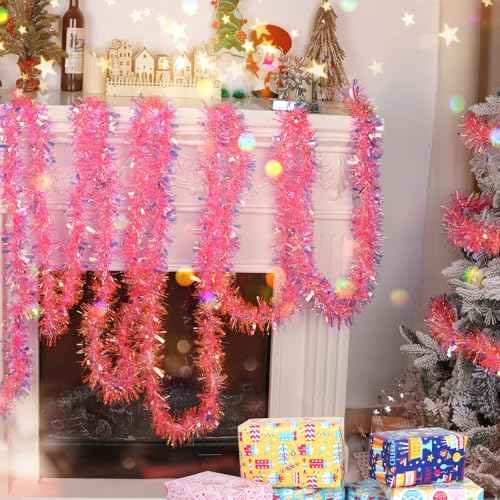 CCINEE 32.8 Feet Pink Tinsel Garland, Christmas Glitter Metallic Tinsel Twist Garland for Xmas Easter Valentines Day Wicked Party Fireplace Hanging Decorations