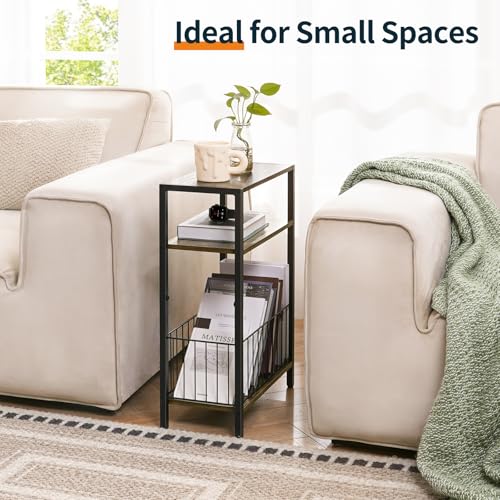Rustic Brown Narrow Side Table with Storage Basket - Small Space End Table