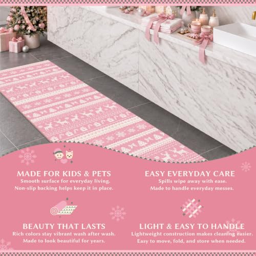 Pink 3x5 Christmas Area Rug with Deer & Tree Design - Washable Holiday Decor