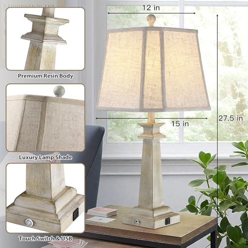 Antique White Farmhouse Table Lamps Set of 2 - 27.5" Dimmable Touch Lamps with USB Charging Ports