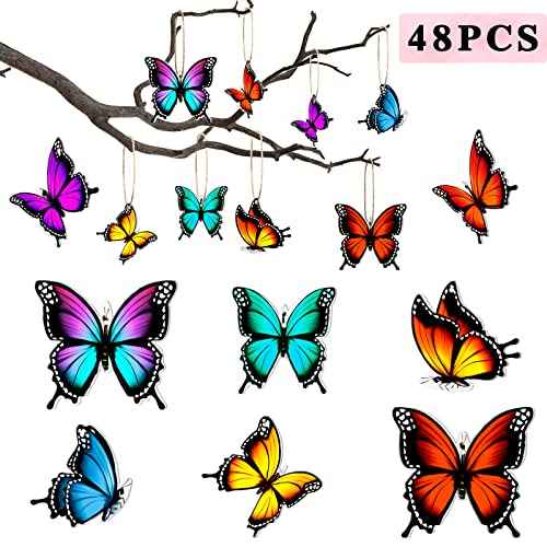 Bucherry 48 Pcs Christmas Butterfly Ornaments Xmas Tree Decor Hanging Wooden Monarch Butterfly with Rope Hanging Ceiling Decoration for Christmas Tree Birthday Wedding Home Wall DIY Art Craft