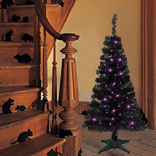 Juegoal Lighted Artificial Halloween Black Christmas Tree, 4FT Tinsel