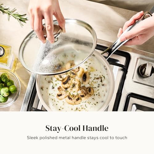 Mini Ceramic Cookware Set with 8-Inch Frying Pan & 2.5QT Saucepan - Beige, 3-Piece