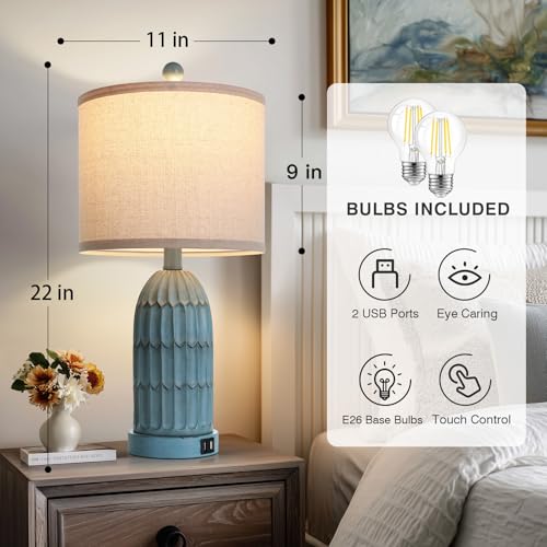 Cinkeda Coastal Table Bedside Lamps Set of 2, Farmhouse 3-Way