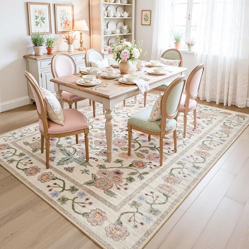 Floral Pink 8x10 Area Rug for Living Room & Bedroom Non-Slip Carpet with Rubber Backing