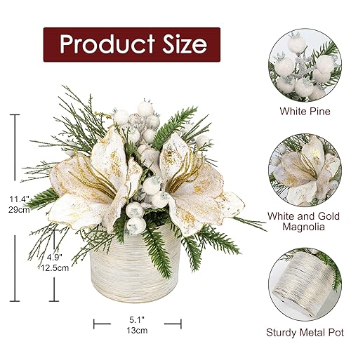 Briful 11.4 Inch White Artificial Christmas Tree with Potted Snowy Pine Magnolia Xmas Decor
