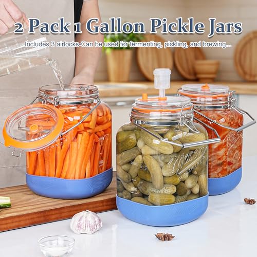 Folinstall 1 Gallon Fermentation Jar Set with Handles & Airlocks – 2 Pack for Mead, Wine, Sourdough
