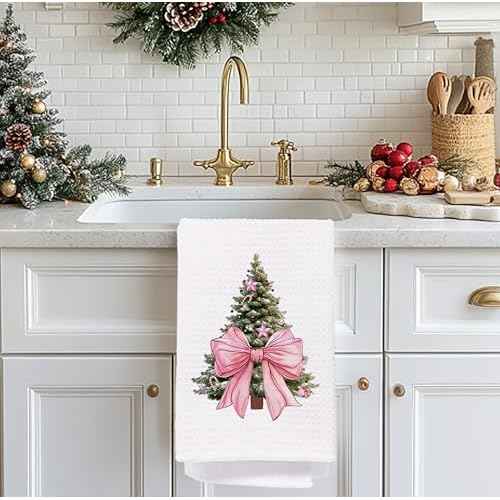 Pink Christmas Tree Kitchen Towels - Pink Christmas Decorations, Christmas Tea Towels, Pink Christmas Kitchen Bathroom Towels,Christmas Hand Towels Pink, 16 x 24 Inch