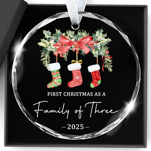 Christmas Ornaments 2025 Our First Christmas As A Family of Three Ornament Unique Crystal Baby 1st Xmas Ornaments New Parents Gifts for Couples Mom Dad Newborn Girls Boys Xmas Tree Decorations