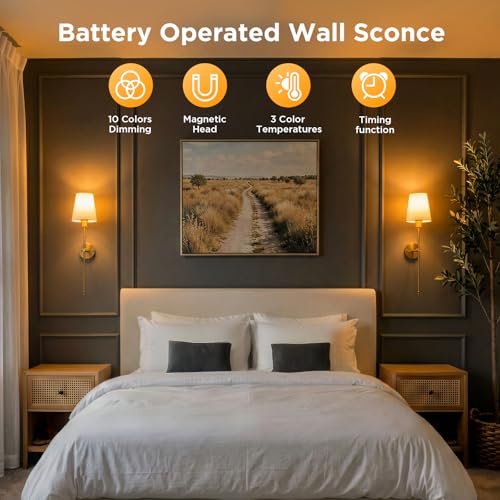 Brightown Linen Battery Operated Wall Sconces Set of 2 - Wireless Modern Wall Decor