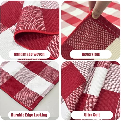 USTIDE Red & White Buffalo Plaid Outdoor Rug 4' x 6' Washable Cotton Entryway Mat