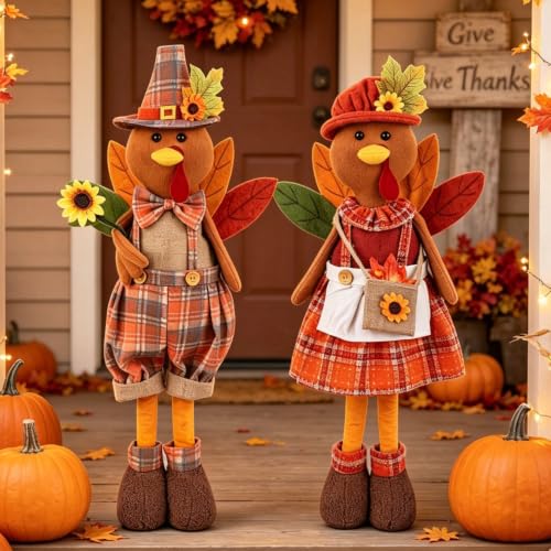 Set of 2 Adjustable Thanksgiving Turkey Couple Figurines - Fall Harvest Decor