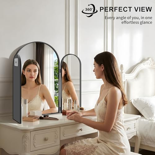 Black 30x36 Inch Tri-Fold Arched Vanity Mirror Wall Mount for Makeup & Hair