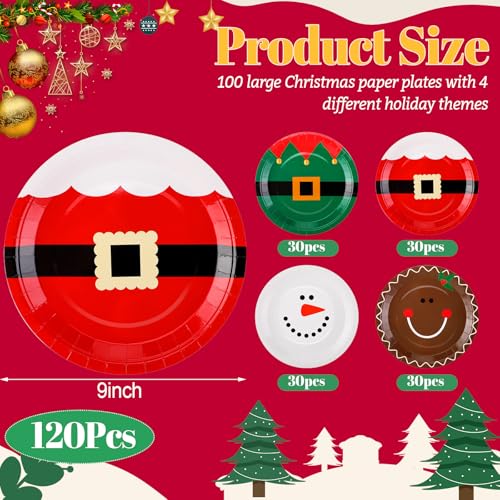 Uiifan 120 Pcs Christmas Paper Plates Set 9 Inch Santa Gingerbread Snowman Variant