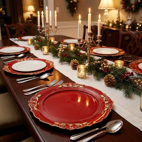 Red Charger Plates 13 Inch Embossed Plastic Set of 6 for Wedding & Party – Umisriro
