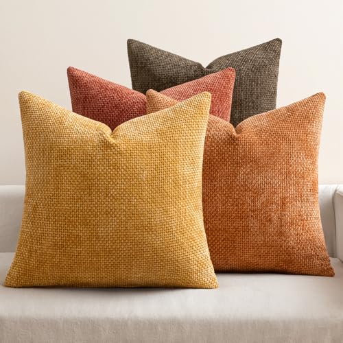 18x18 Inch Fall Decorative Pillow Covers Pack of 4 - Orange Brown Chenille