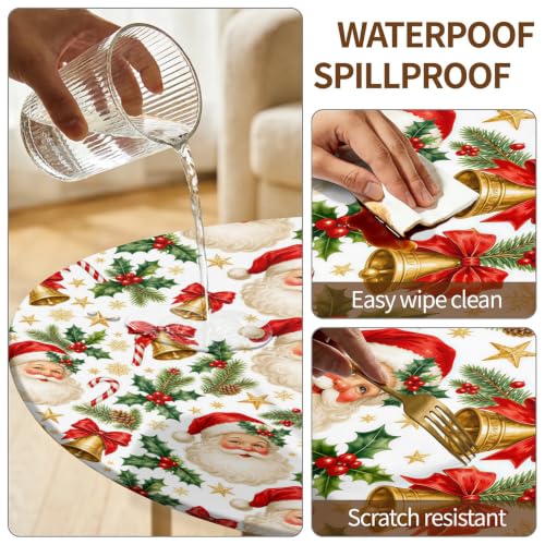 Santa Bells 60 Inch Round Waterproof Fitted Tablecloth with Elastic Edge - Christmas Decor