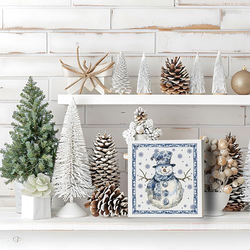 Dayouer Chinoiserie Snowman Wooden Sign - Blue & White Christmas Decor, 5x5 Inch