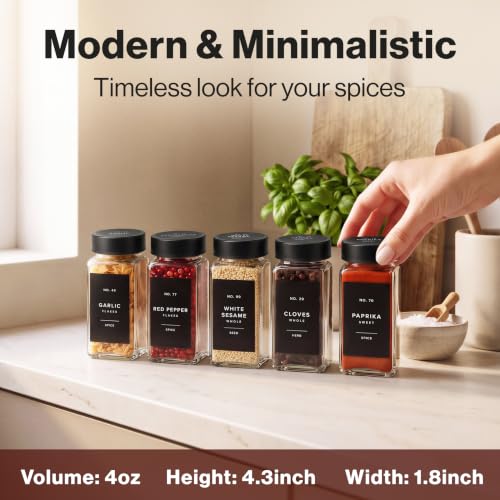 Glass Spice Jars with Labels and Black Steel Lids - 36 Pack, Space Saving Seasoning Storage