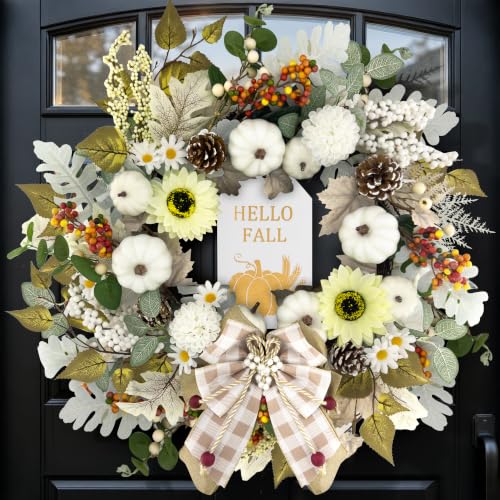 24-Inch Fall Wreath for Front Door with Lights and Timer - Farmhouse Decor