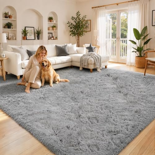 Light Grey 8x10 Shaggy Area Rug for Living Room - Soft Plush Furry Rug