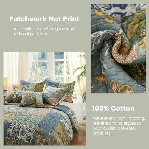 Secgo King Size Sage Green Cotton Comforter Set with 2 Shams - Reversible Patchwork Bedding (98x106 inches)