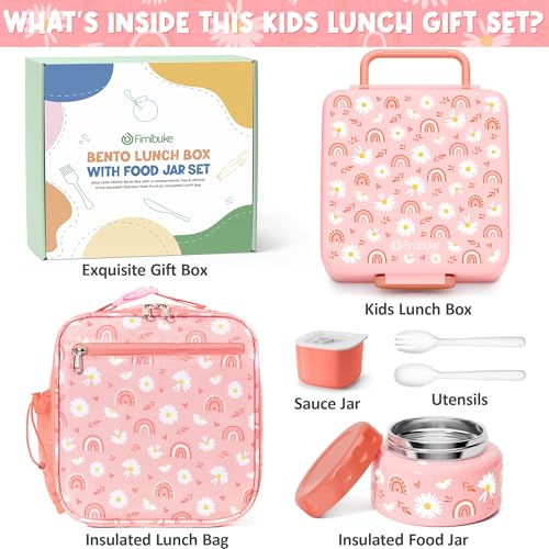 Fimibuke Rainbow & Daisies Kids Bento Lunch Box Set with Insulated Bag & 8.5oz Thermo Jar