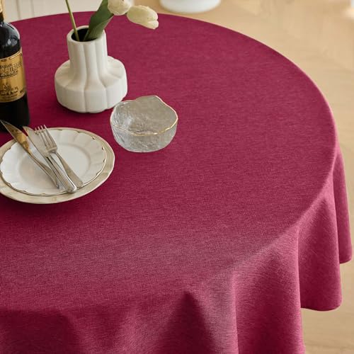 Decorelia Burgundy Waterproof Round Tablecloth for 2-4 Seats, 60 Inch Dining & Holiday Use