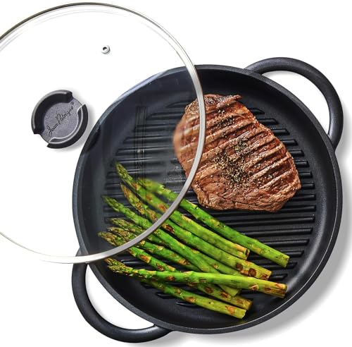 Nonstick Cast Aluminum Grill Pan with Lid - 10.6 Inch Stove Top & Oven Use - Lightweight & Deep Sides - Original