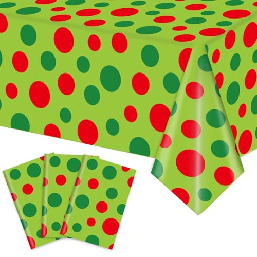 3Pcs Christmas Disposable Tablecloth Red Green Polka Dot Table Cover Rectangle Plastic Table Cloth for Xmas Party Decoration, 54 x 108 Inch