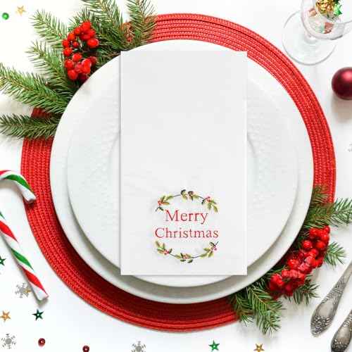 Quera 50 Pack Christmas Wreath Paper Napkins Disposable Merry Christmas Hand Towels Decorative Table Napkin for New Year Winter Dinner Merry Christmas Holiday Xmas Party Supplies