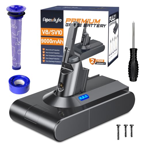 Apexilyfe V8-9.0Ah Battery Replacement for Dyson V8 Series with 9000mAh Capacity, Includes 2 Filters & 3 Screws