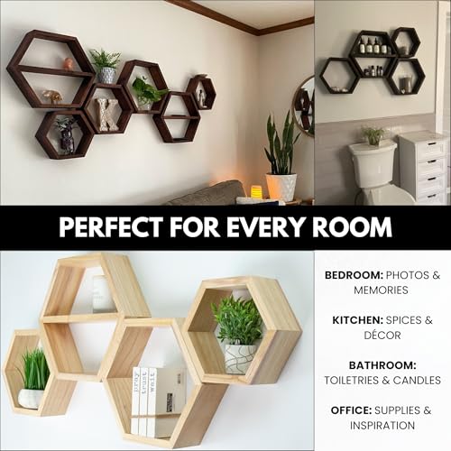 Natural Hexagon Floating Shelves Set of 4 - Honeycomb Wall Storage with Hardware