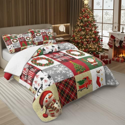 King Size Christmas Quilt Set with Patchwork Santa Snowman Tree - Microfiber Bedding
