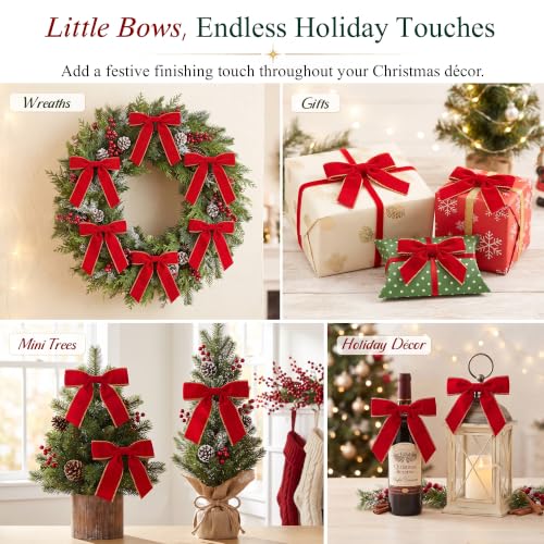 Ironraw 24 Pcs Red Velvet Christmas Bows with Gold Trim, 6x6.5 Inch Holiday Decor Set