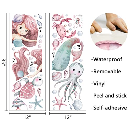 Mfault Mermaid Under The Sea Wall Decals Stickers, Baby Girls Ocean Creatures Nursery Decoration Bedroom Playroom Art, Coastal Beach Octopus Turtles Shell Bubble Fish Kids Room Bathroom Home Decor