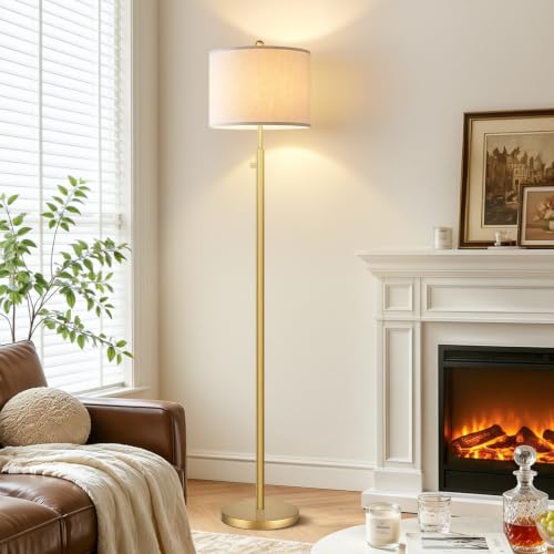 Dimmable Floor Lamp with Linen Shade - Gold Finish, Tall Standing Light, 11W LED Bulb Included, Modern Living Room & Bedroom Decor - Gold Line Shade