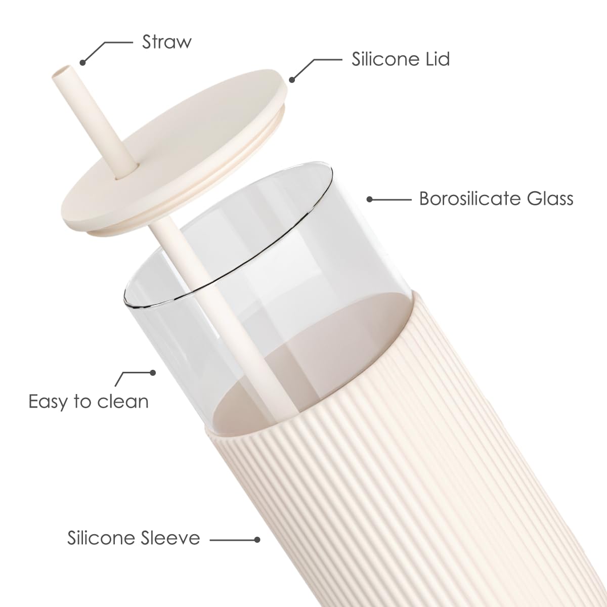 SANDJEST Glass Tumbler with Straw and Lid, Glass Water Bottle with Silicone Sleeve 20oz, Smoothie, Iced Coffee Cup, Gifts for Women Teen Girls Birthday Christmas (Cream)