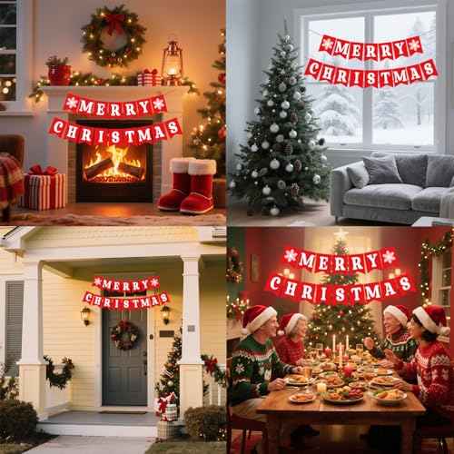 Merry Christmas Banners for Inside, Pre-Strung Fireplace Xmas Decorations, Xmas Wall Banner with Snowflake, Christmas Bunting Banner for Winter New Year Party Mantle Hanging Sign Supplies