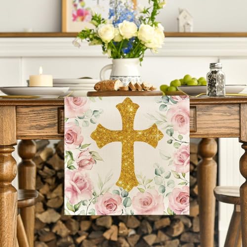 Artoid Mode Pink God Bless Girl Baptism Table Runner 13x90 Inch | First Holy Communion Christening Decor