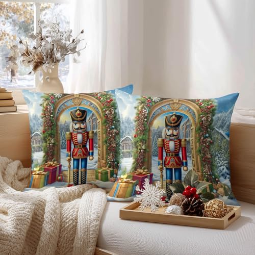 HOMETITUTE Set of 2 Christmas Nutcracker Throw Pillow Covers 18x18