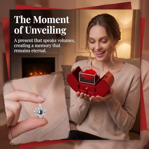 Moshen Preserved Real Red Rose with I Love You Necklace in 100 Languages - Romantic Gift for Girlfriend, Wife, Mom, Women - Christmas, Valentine's, Mother's Day