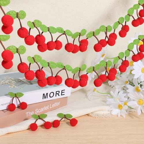 3 Pack Pom pom Felt Bunting Banner, Cherries Birthday Decoration, DIY Fruit Hanging Decorations, Home Decor Garland Decorations for Birthday Christmas Decor