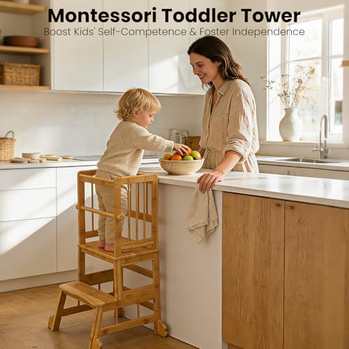 HBTower Kids Kitchen Step Stool with Safety Rails - Toddler Standing Tower, Eco-Friendly Bamboo, Easy Assembly