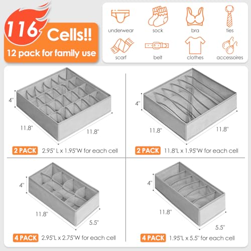 Criusia 12 Pack Drawer Organizer Dividers with 116 Compartments - Grey