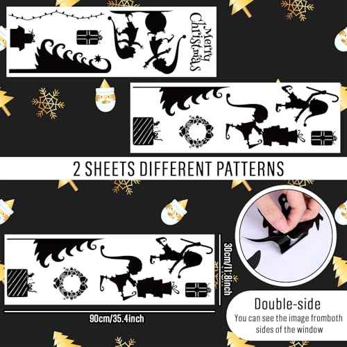 2 Sheets Christmas Silhouette Window Clings Black Xmas Tree Elves Gift Box Reusable Window Decals for Home School Office Winter Party Supplies