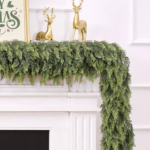 ComfyKit 9FT Artificial Cedar Garland for Mantel - Holiday Decor, Realistic Green Foliage