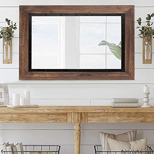 YOSHOOT Rustic Wooden Framed Wall Mirror 32x24 Brown Farmhouse Decor