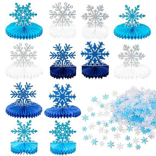 Frozen Winter Wonderland Party Decorations - 12pcs Blue White Snowflake Honeycomb Table Centerpieces and 600pcs Snowflake Confetti for Christmas Holiday Winter Birthday Baby Shower Party Supplies
