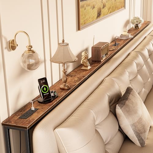 Rustic Brown 141.7 Inch Sofa Table with Power Outlets Behind Couch